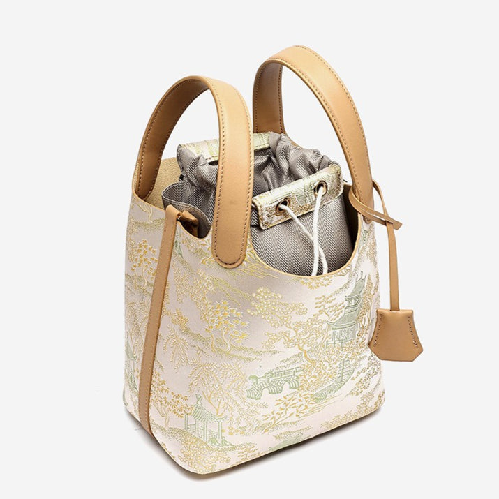 Serene Oriental Garden Genuine Leather Bucket Clutch Bag with Charm