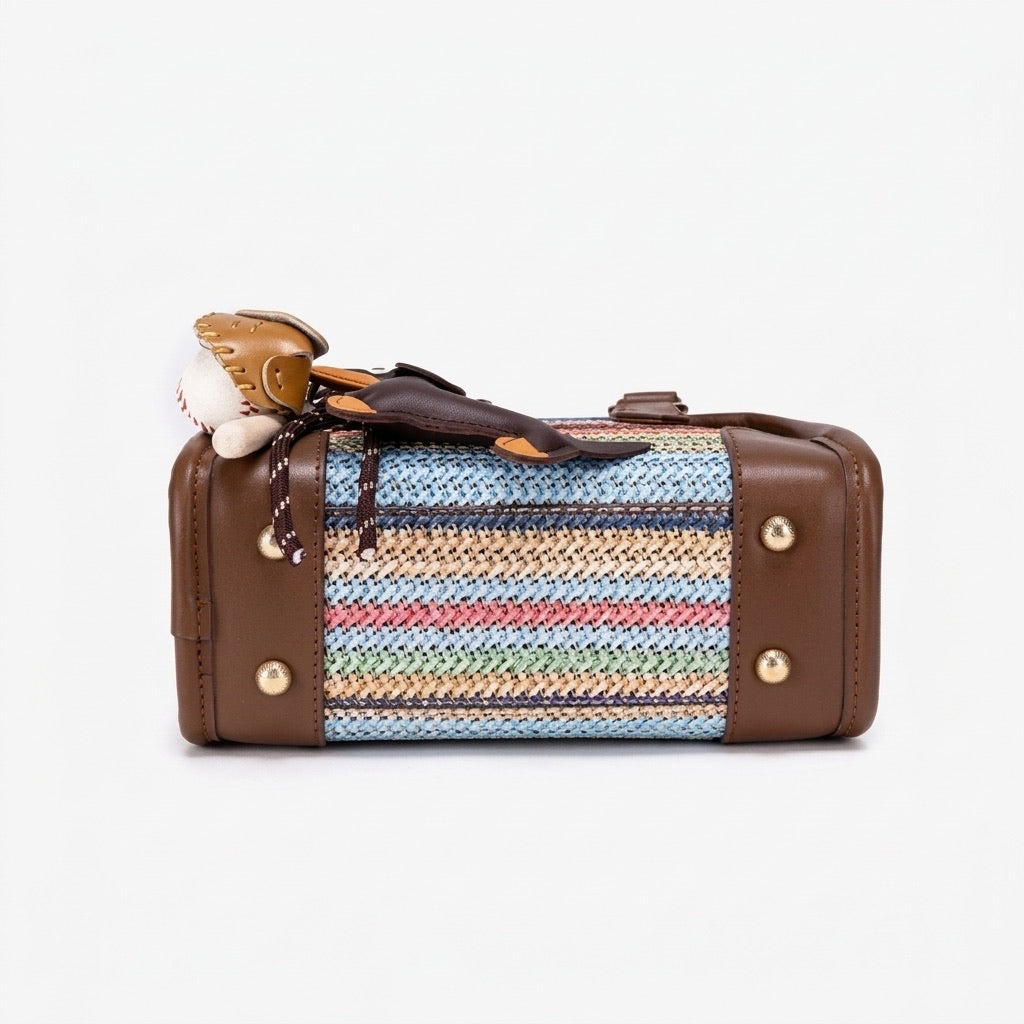 Borsa clutch Boston vivace a righe arcobaleno in ecopelle vegana con simpatico charm a forma di bassotto