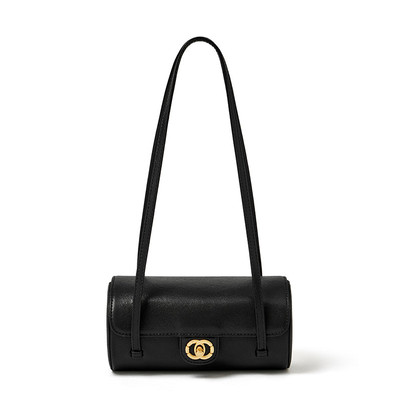 Bolso de mano tipo clutch nostálgico de cuero genuino color caviar, con forma de baguette tubular