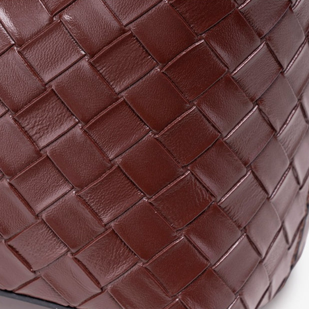 Retro Woven Vegan Eco-Leather Bucket Clutch Bag With Stuffed Bunny Charm