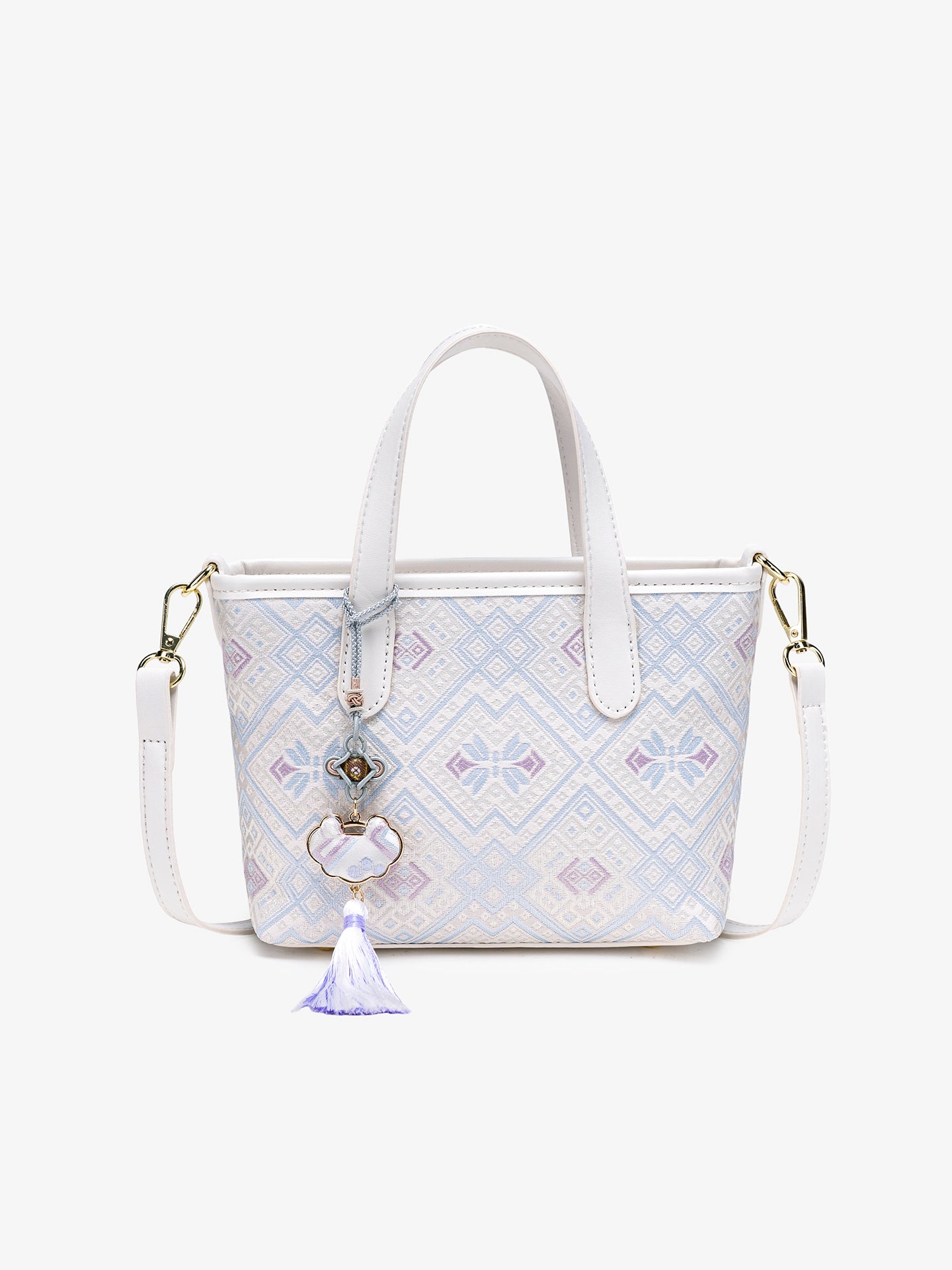 Serene Oriental Brocade Vegan Eco-Leather Mini Tote Clutch Bag with Tassel Charm