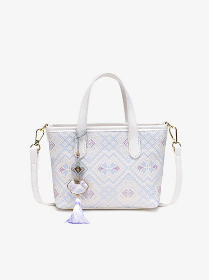 Serene Oriental Brocade Vegan Eco-Leather Mini Tote Clutch Bag with Tassel Charm