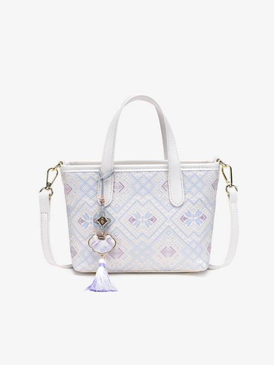 Serene Oriental Brocade Vegan Eco-Leather Mini Tote Clutch Bag with Tassel Charm