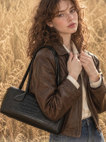 Sleek Luxe Croc Embossed Genuine Leather Bowling Clutch Bag