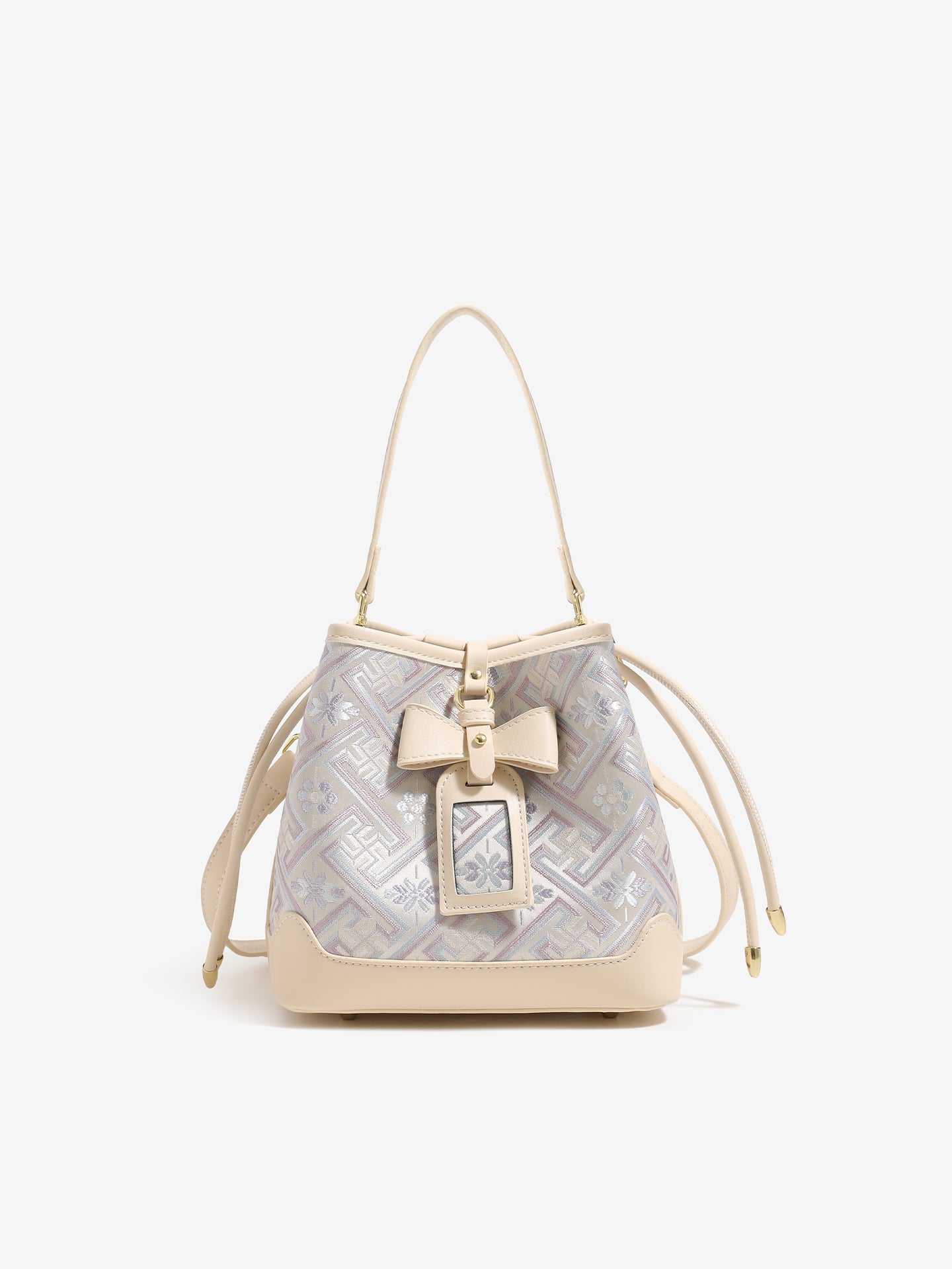 Delicate Geometric Vegan Eco-Leather Petite Bucket Clutch Bag with Bow Knot Charm