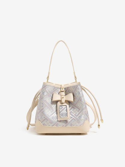 Delicate Geometric Vegan Eco-Leather Petite Bucket Clutch Bag with Bow Knot Charm