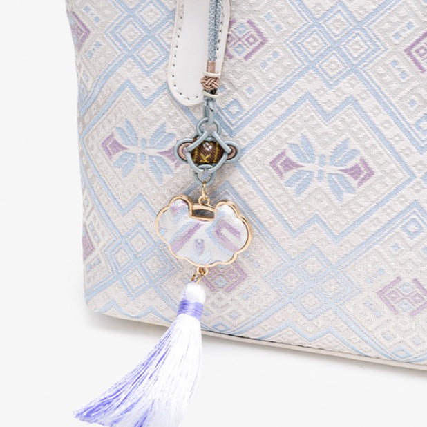 Serene Oriental Brocade Vegan Eco-Leather Mini Tote Clutch Bag with Tassel Charm