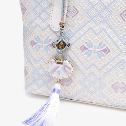 Serene Oriental Brocade Vegan Eco-Leather Mini Tote Clutch Bag with Tassel Charm
