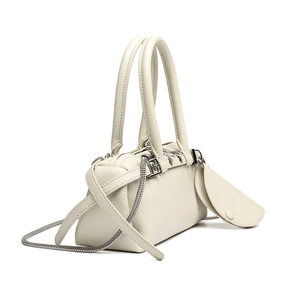 Refined Genuine Leather Petite Boston Clutch Bag with Mini Pouch