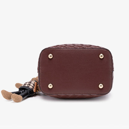 Retro Woven Vegan Eco-Leather Bucket Clutch Bag With Stuffed Bunny Charm