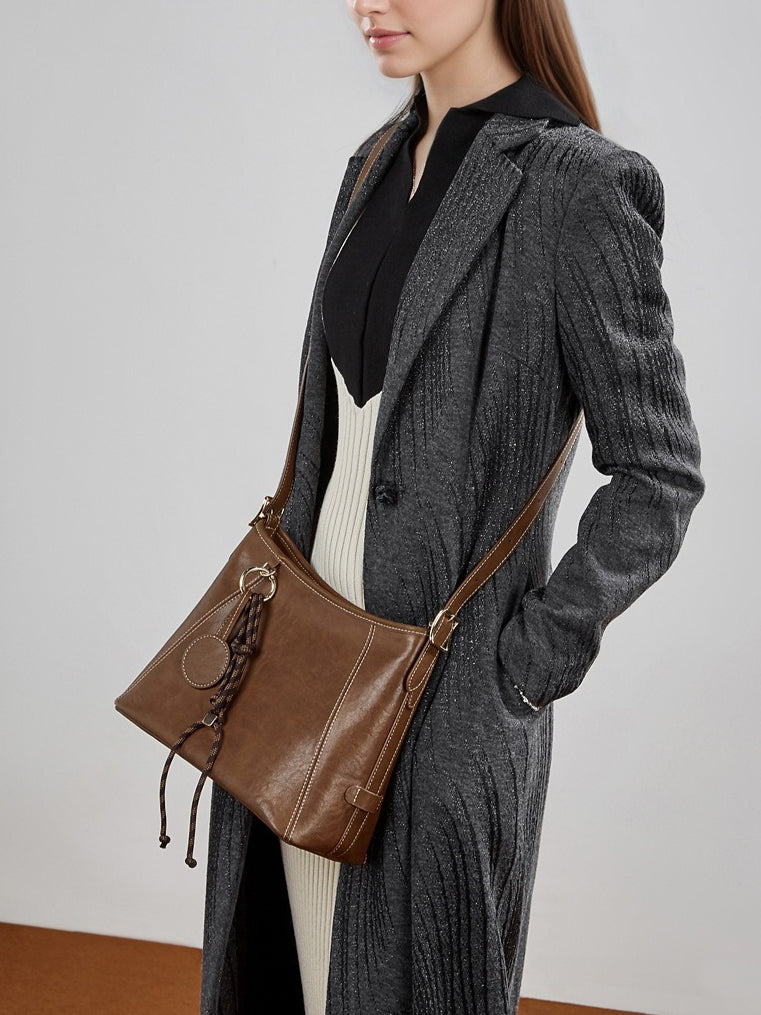 Artisan Stitched Genuine Leather Bag - Vintage Western Shoulder Tote with Tassel