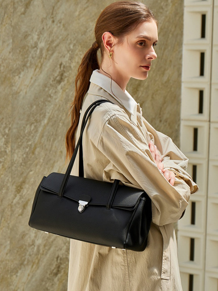 Sleek Pebbled Grain Texture Flap Genuine Leather Tote Clutch Bag