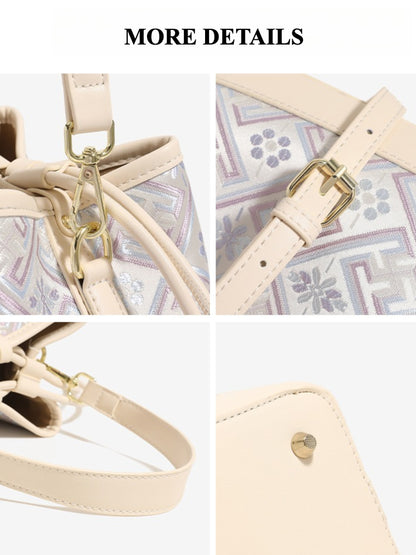 Delicate Geometric Vegan Eco-Leather Petite Bucket Clutch Bag with Bow Knot Charm