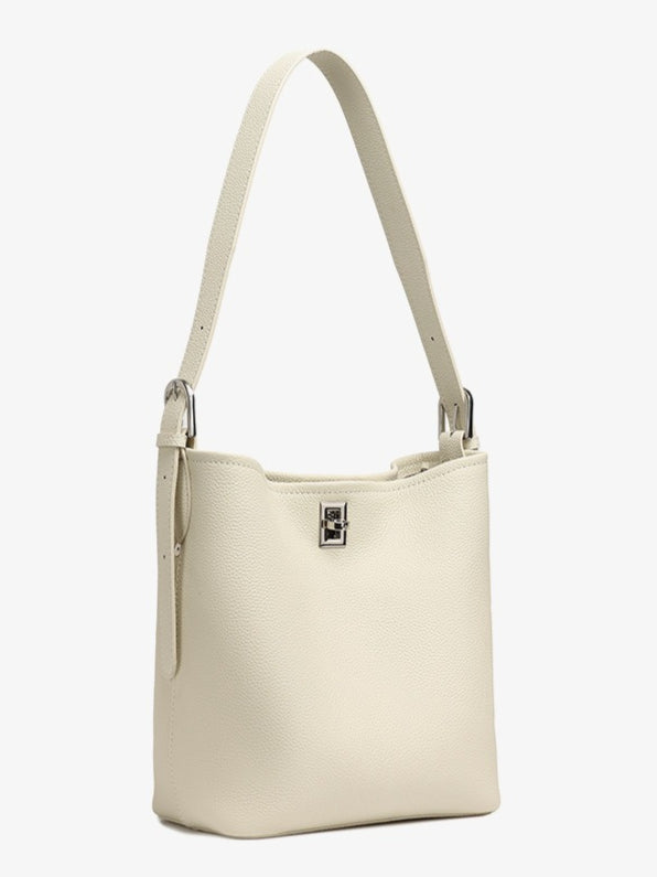 Sculpted Genuine Leather Medium Bucket Bag with Clean Linear Topstitching