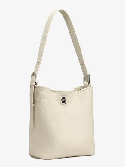 Sculpted Genuine Leather Medium Bucket Bag with Clean Linear Topstitching