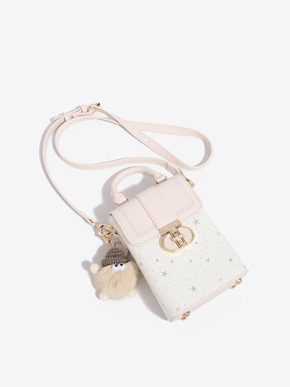 Romantic Star Vegan Eco-Leather Flap Mini Phone Handbag with Fluffy Charm