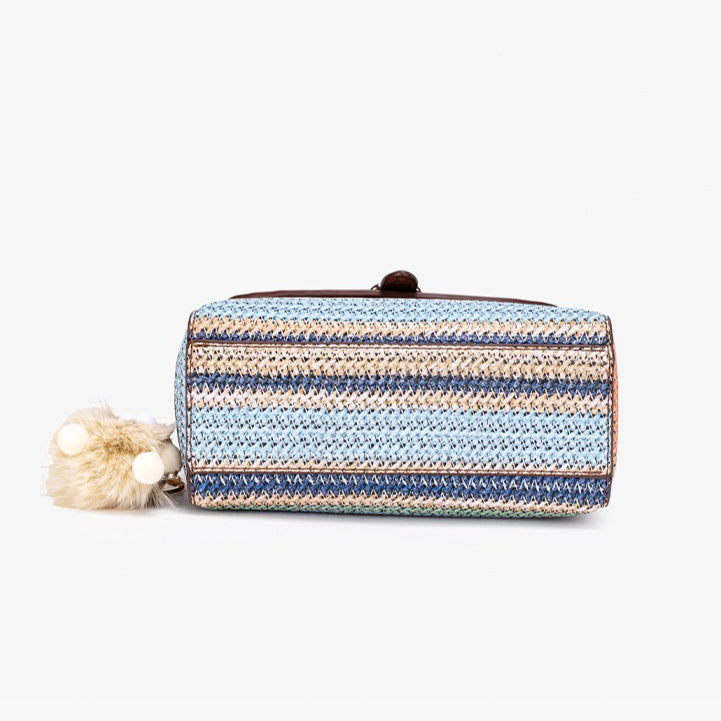 Radiant Rainbow Striped Woven Vegan Eco-Leather Flap Clutch Bag with Lovely Charm