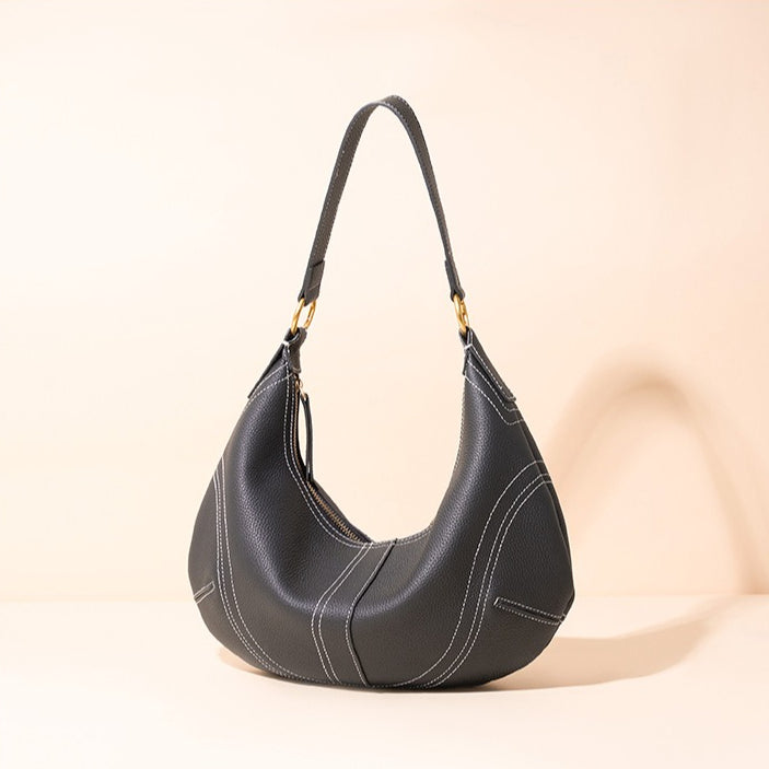 The Pebbled Genuine Leather Hobo Shoulder Bag with Contrast Stitching