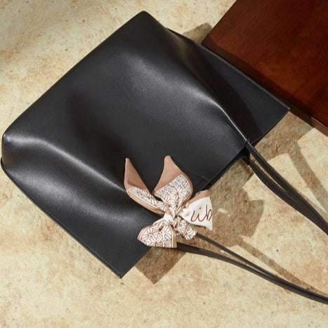 Parisian Chic Genuine Leather Bag - Minimalist Large Tote with Silk Scarf Accent