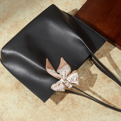 Parisian Chic Genuine Leather Bag - Minimalist Large Tote with Silk Scarf Accent
