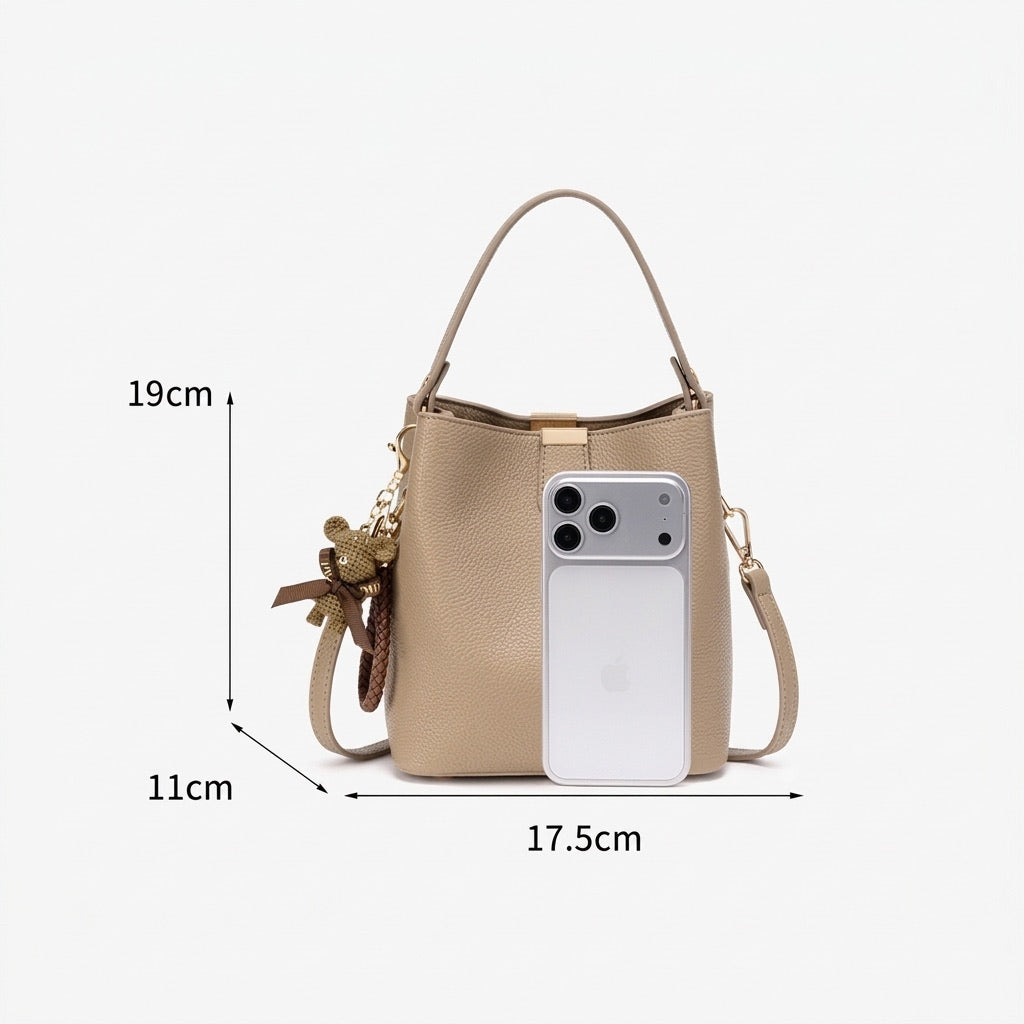Minimalist Pebbled Vegan Eco-Leather Bucket Clutch Bag with Bear Charm