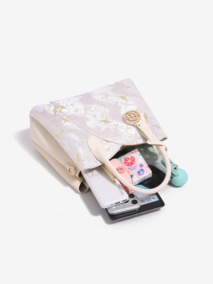 Elegant Flying Crane Motif Vegan Eco-Leather Tote Clutch Bag with Hollow Metal Charm