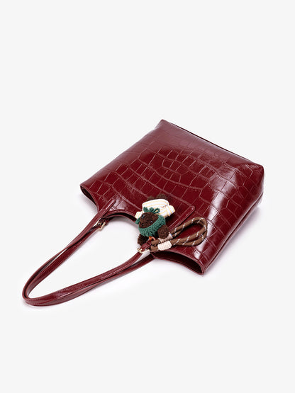 Glossy Croc Vegan Eco-Leather Shoulder Tote Bag With Bear Charm