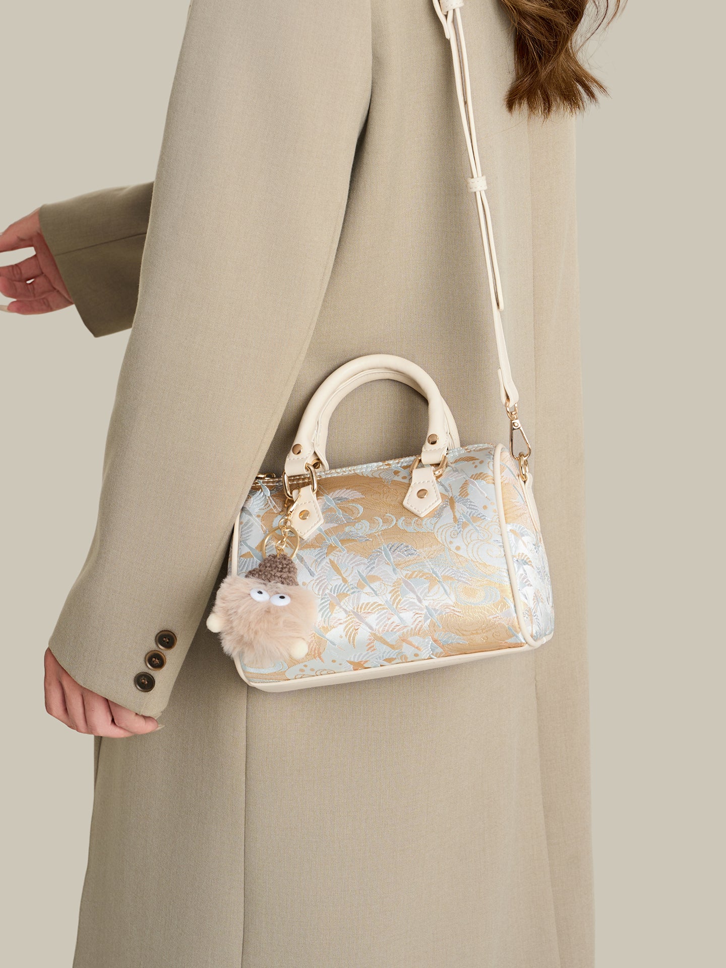 Delicate Crane Vegan Eco‑Leather Barrel Clutch Bag with Playful Charm