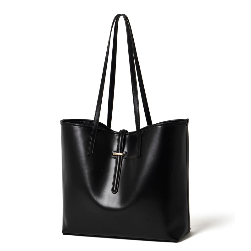 Set di ampie borse tote semplici in vera pelle, minimaliste, da spalla