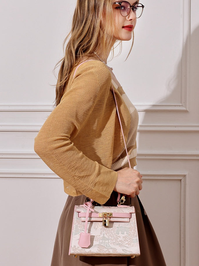 Elegant Oriental Brocade Genuine Leather Kelly Clutch Bag with Charm