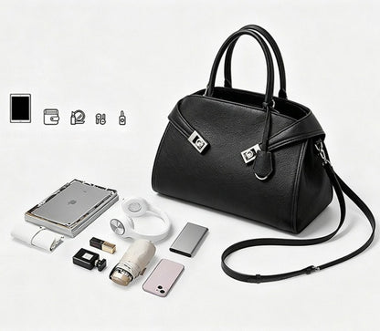 Luxury Retro Genuine Leather Lychee Pattern Double Buckle Tote Crossbody Bag