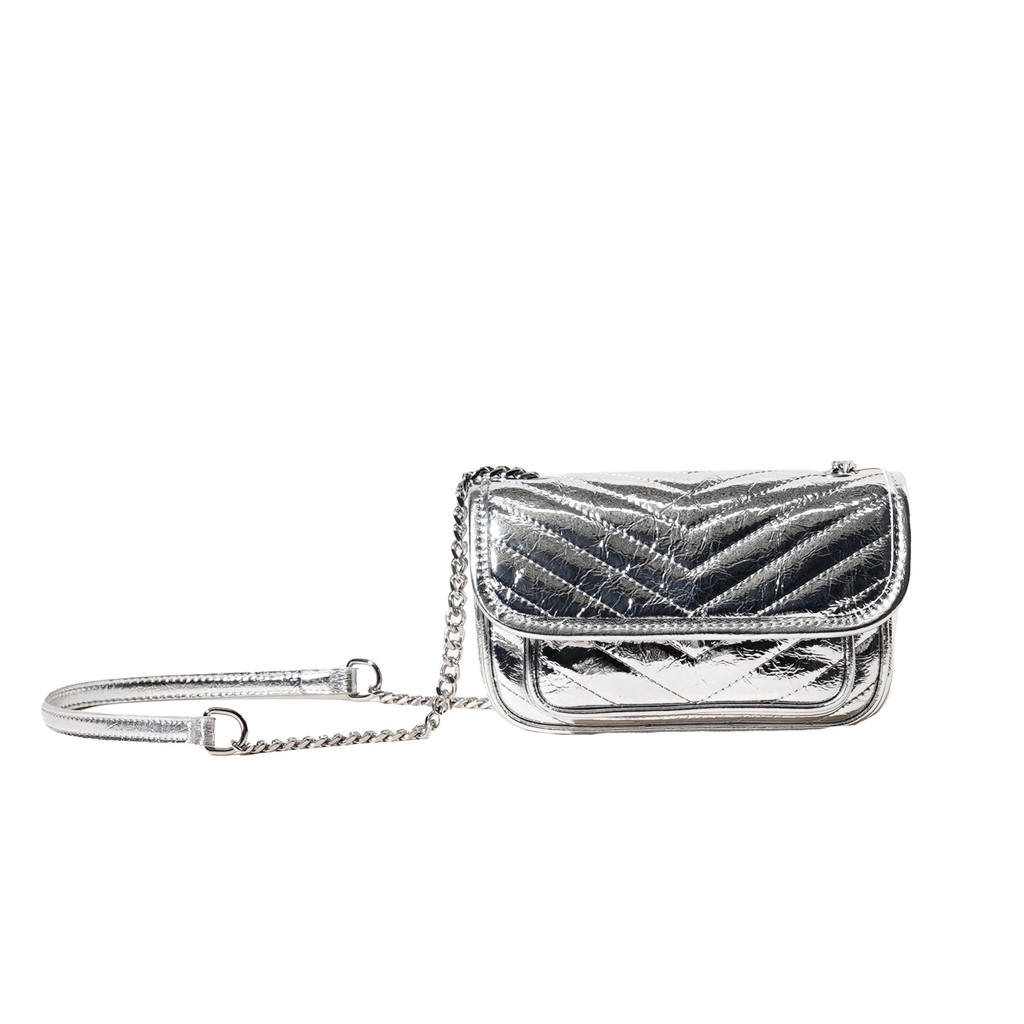 Damen-Mini-Flap-Tasche aus echtem Leder mit silberner Kette