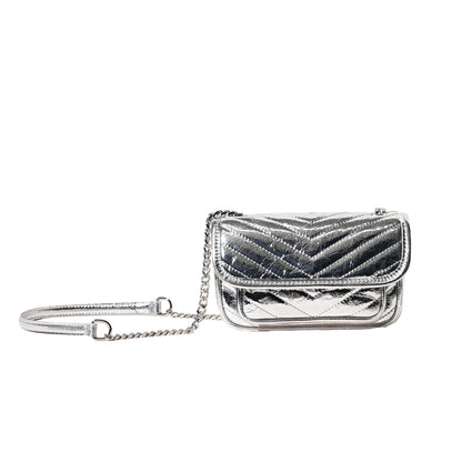 Damen-Mini-Flap-Tasche aus echtem Leder mit silberner Kette