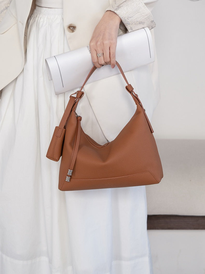 The Ethereal Slouchy Genuine Leather Bag - Minimalist Pebbled Hobo with Mini Pouch