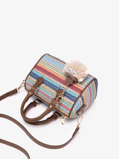 Romantic Striped Woven Vegan Eco‑Leather Mini Boston Clutch Bag