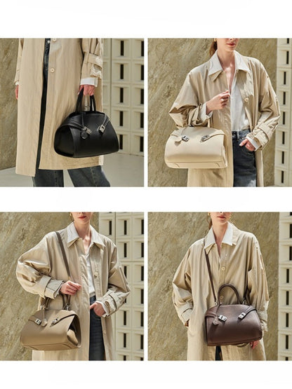 Luxury Retro Genuine Leather Lychee Pattern Double Buckle Tote Crossbody Bag