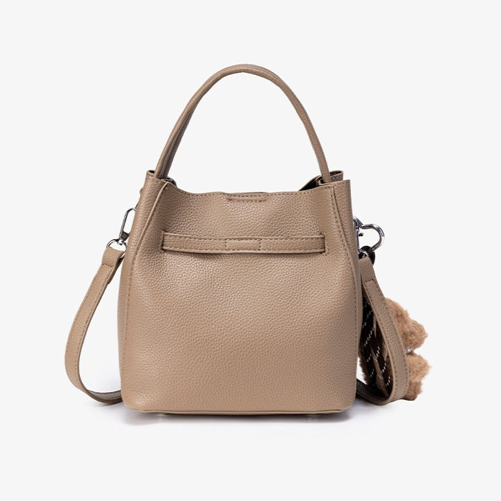 Mellow Pebble Textured Vegan Eco-Leather Bucket Bag with Fluffy Puppy Charm