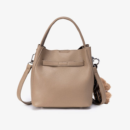 Mellow Pebble Textured Vegan Eco-Leather Bucket Bag with Fluffy Puppy Charm