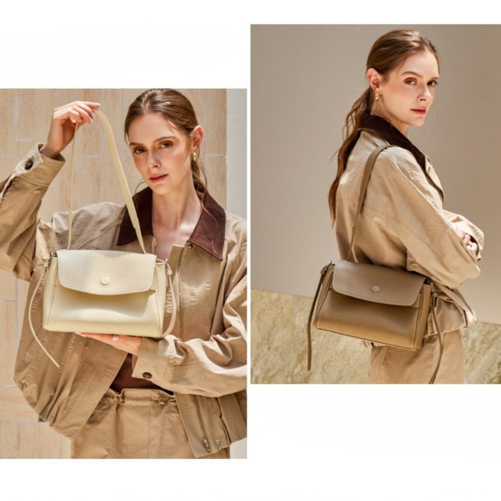 Sac bandoulière à rabat en cuir véritable grain litchi avec bandoulière réglable