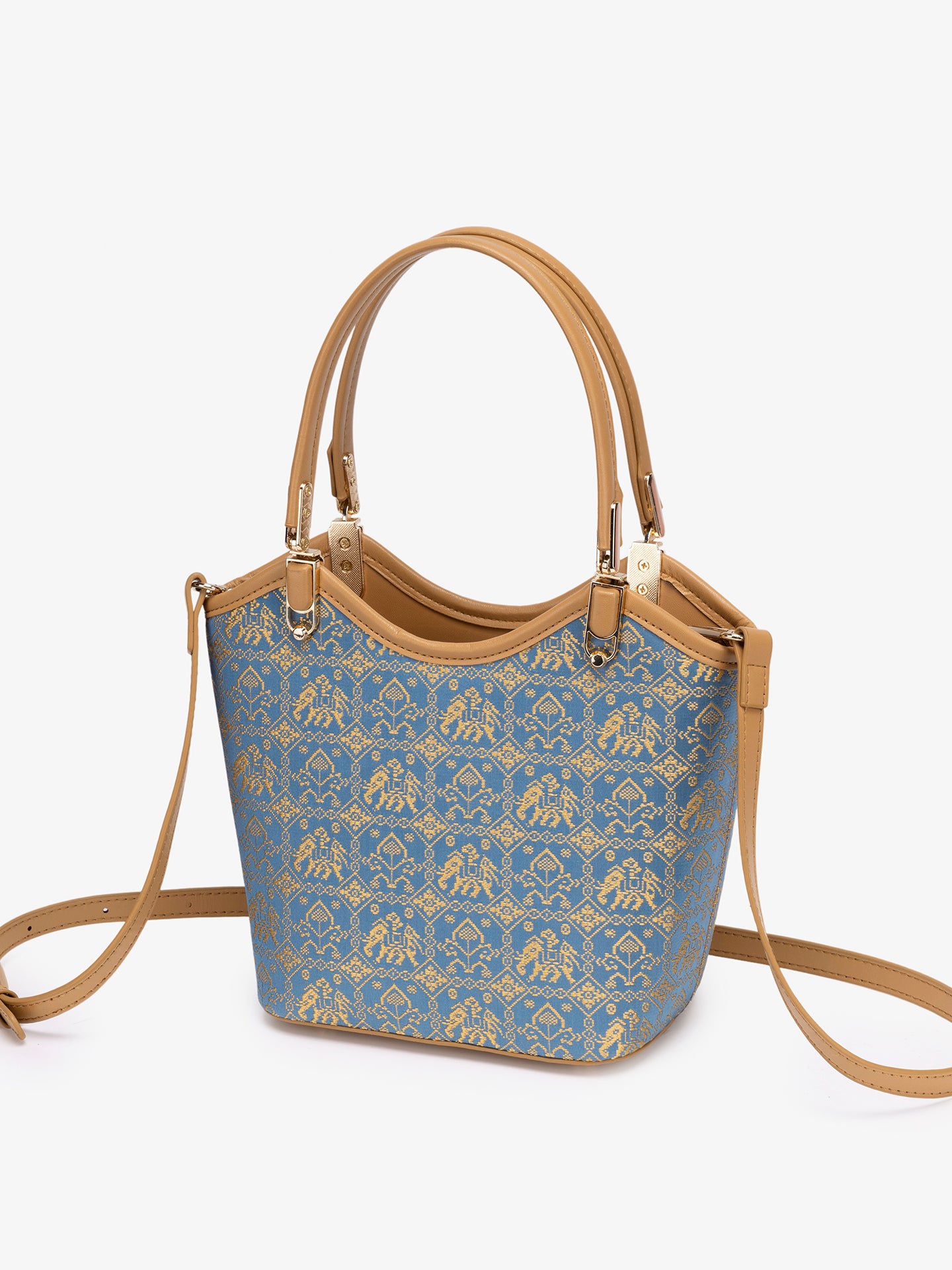 Refined Golden Elephant Motif Vegan Eco-Leather Bucket Clutch Bag