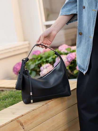 The Ethereal Slouchy Genuine Leather Bag - Minimalist Pebbled Hobo with Mini Pouch