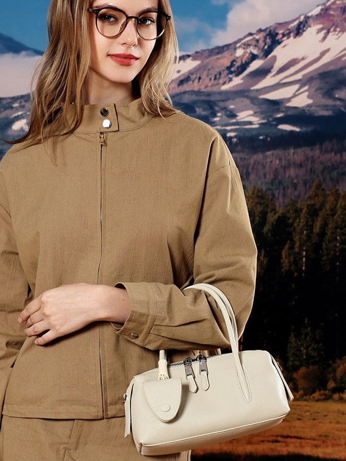 Minimalist Genuine Leather Boston Clutch Bag with Detachable Leather Tag Charm