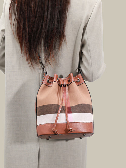 Vintage Plaid Vegan Eco-Leather Bucket Clutch Bag