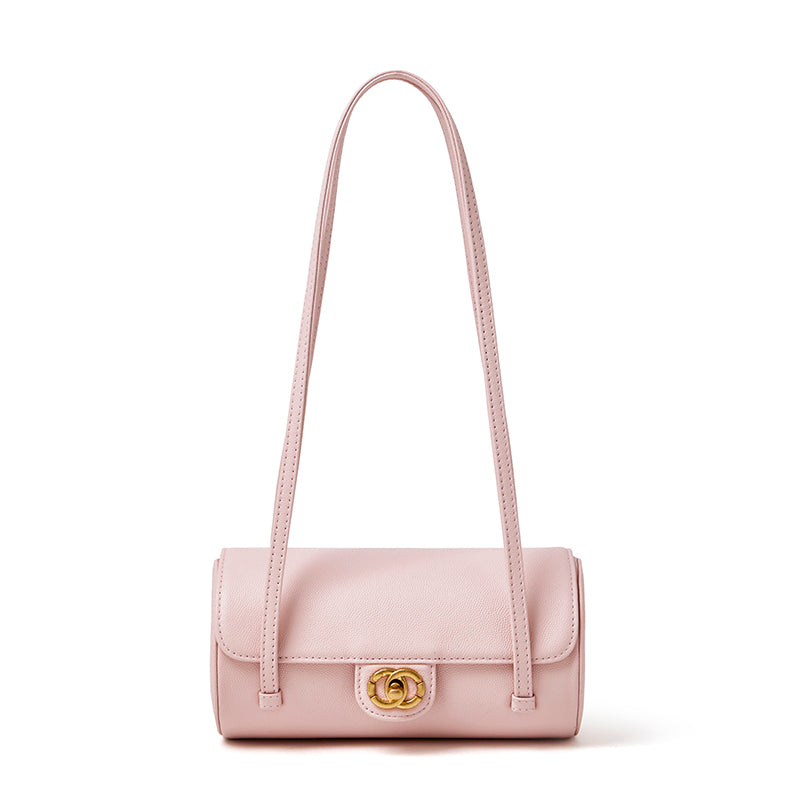 Bolso de mano tipo clutch nostálgico de cuero genuino color caviar, con forma de baguette tubular