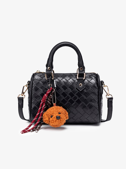 Exquisite Woven Vegan Eco-Leather Boston Clutch Bag with Playful Teddy Charm