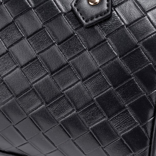 Exquisite Woven Vegan Eco-Leather Boston Clutch Bag with Playful Teddy Charm