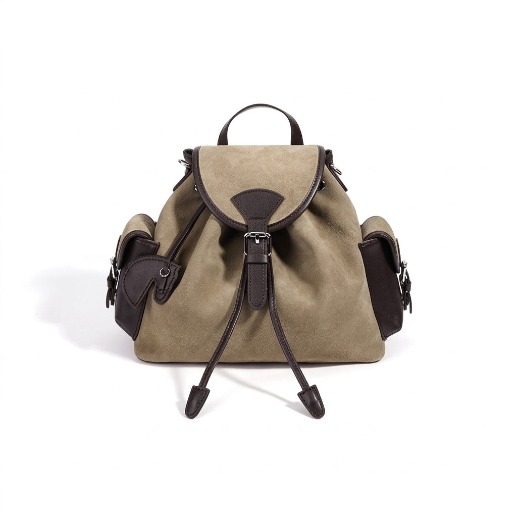 Mochila vintage de cuero genuino de ante con solapa y cordón