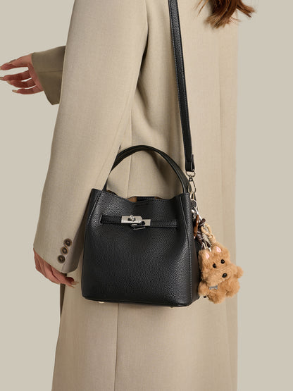 Mellow Pebble Textured Vegan Eco-Leather Bucket Bag with Fluffy Puppy Charm