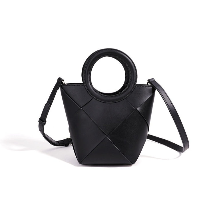 Refined Geometric Woven Genuine Leather Mini Bucket Clutch Bag