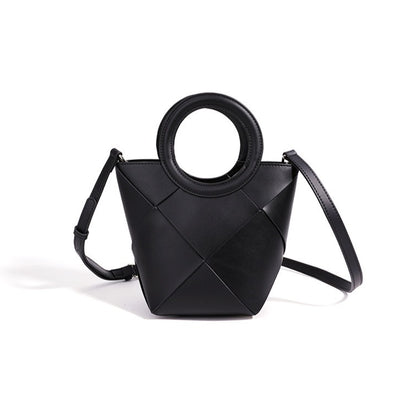 Refined Geometric Woven Genuine Leather Mini Bucket Clutch Bag